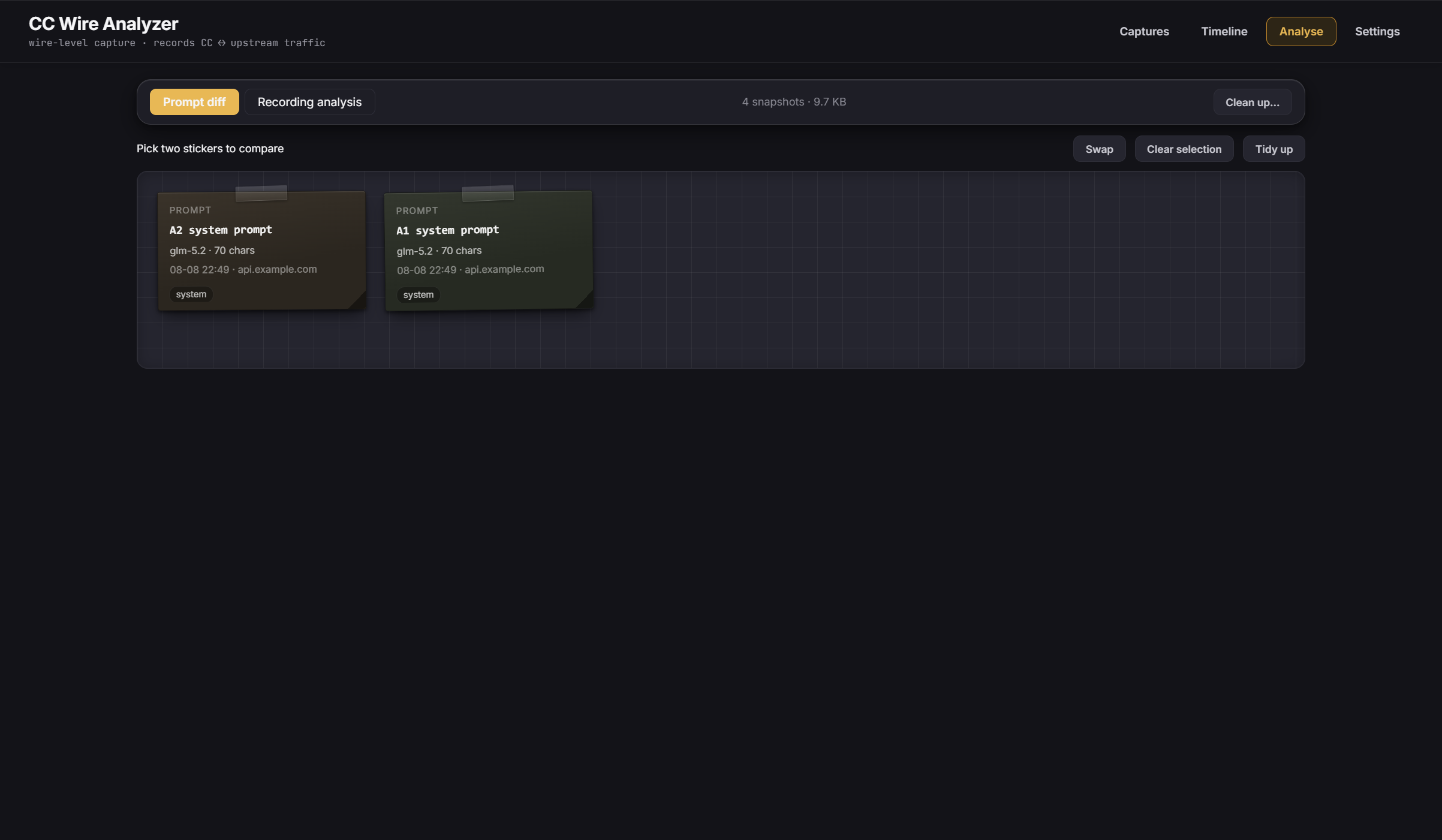 Prompt snapshot comparison board in CC Wire Analyzer